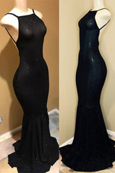 Simple Black Spaghetti Straps Backless Chic Prom Dresses